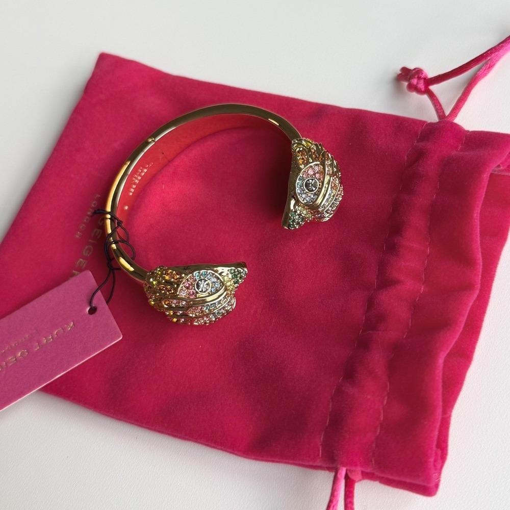 NWT Kurt Geiger Rainbow Crystal Eagle Hinged Bangle Gold Tone Cuff Bracelet - Picture 7 of 10
